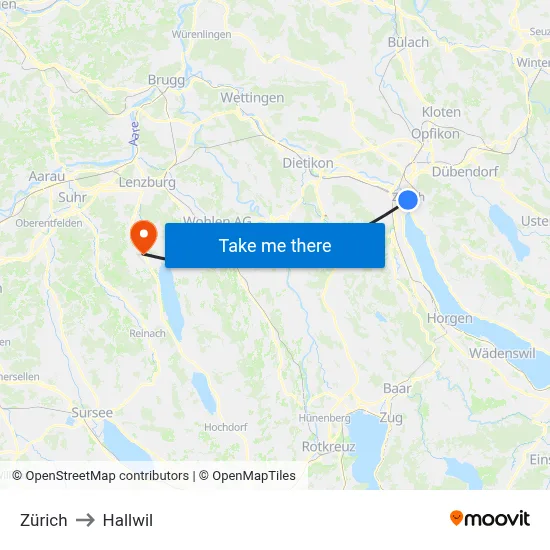 Zürich to Hallwil map