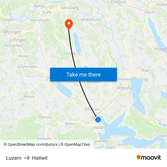 Luzern to Hallwil map