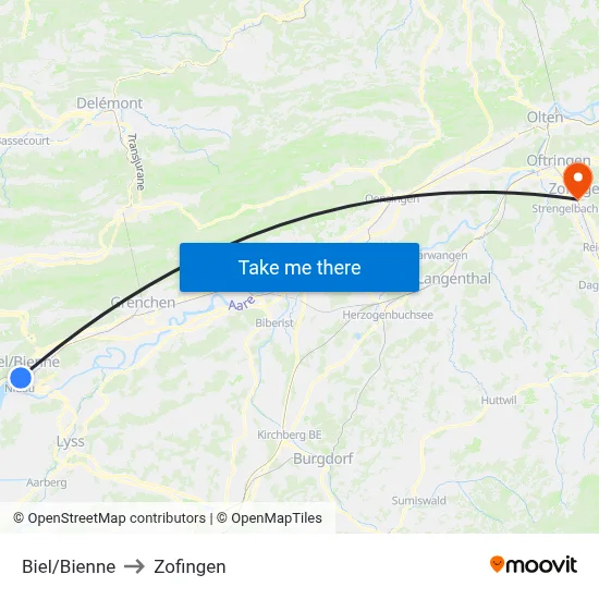 Biel/Bienne to Zofingen map