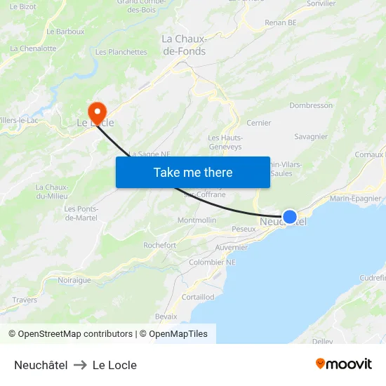 Neuchâtel to Le Locle map