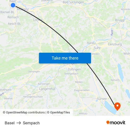 Basel to Sempach map