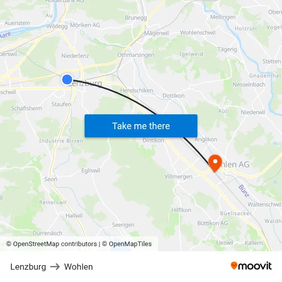 Lenzburg to Wohlen map