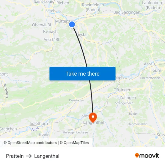 Pratteln to Langenthal map