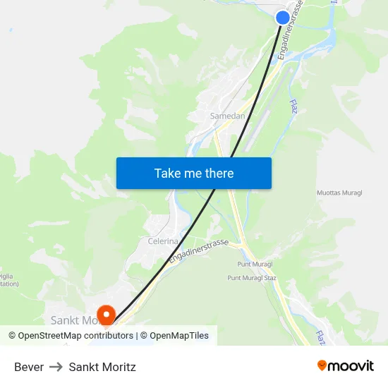 Bever to Sankt Moritz map