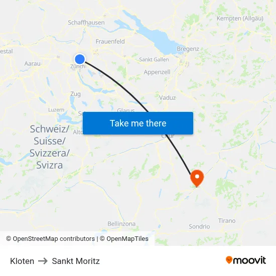 Kloten to Sankt Moritz map