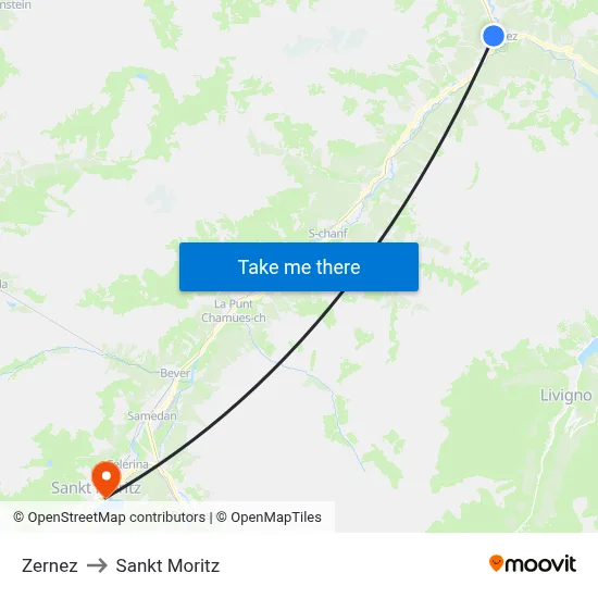 Zernez to Sankt Moritz map