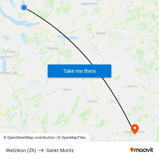 Wetzikon (Zh) to Sankt Moritz map