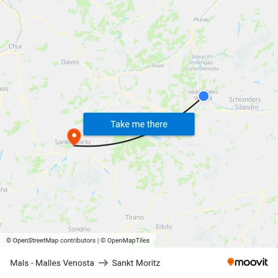 Mals - Malles Venosta to Sankt Moritz map