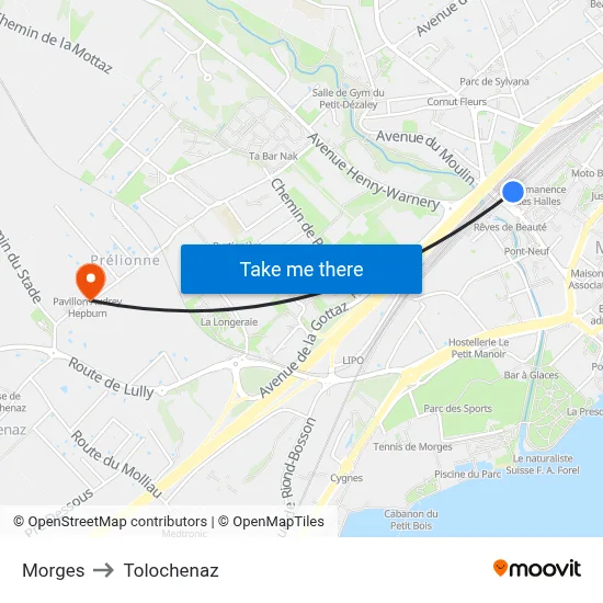Morges to Tolochenaz map