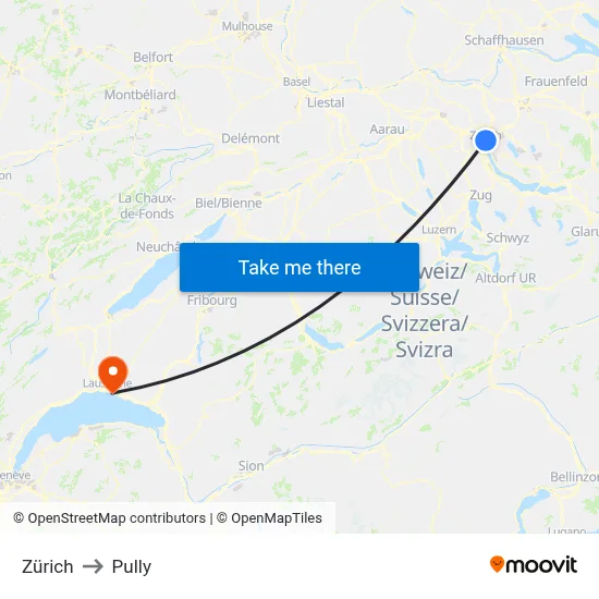 Zürich to Pully map