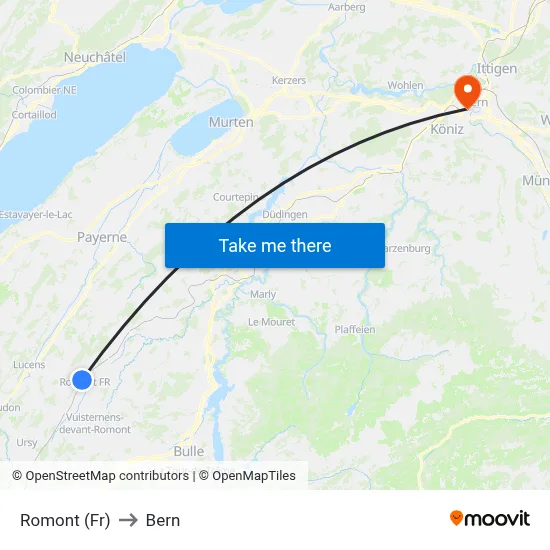 Romont (Fr) to Bern map