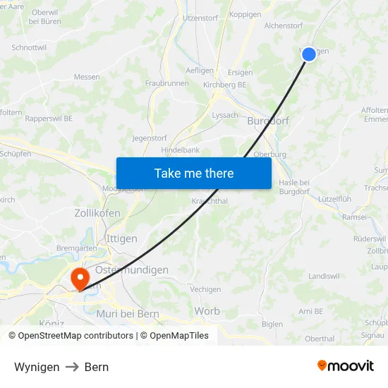 Wynigen to Bern map