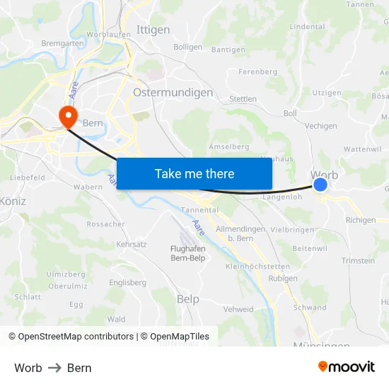 Worb to Bern map