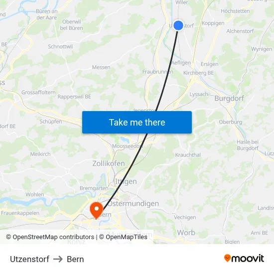Utzenstorf to Bern map