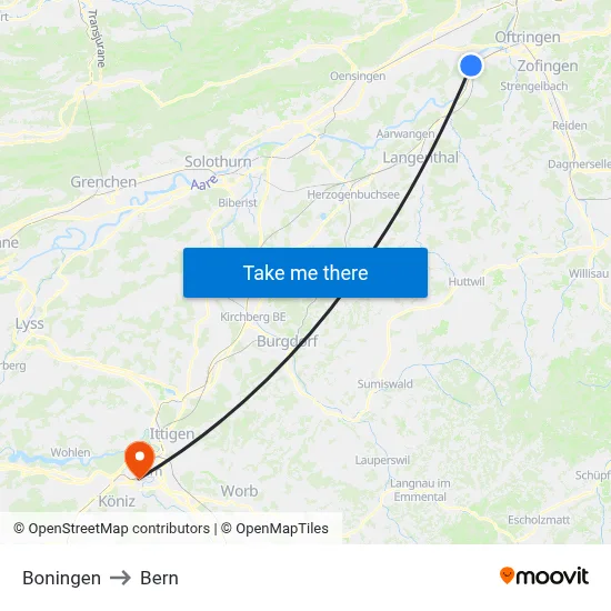 Boningen to Bern map