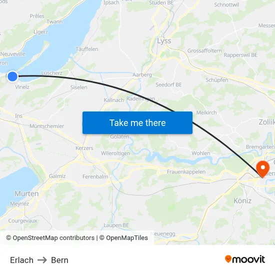 Erlach to Bern map
