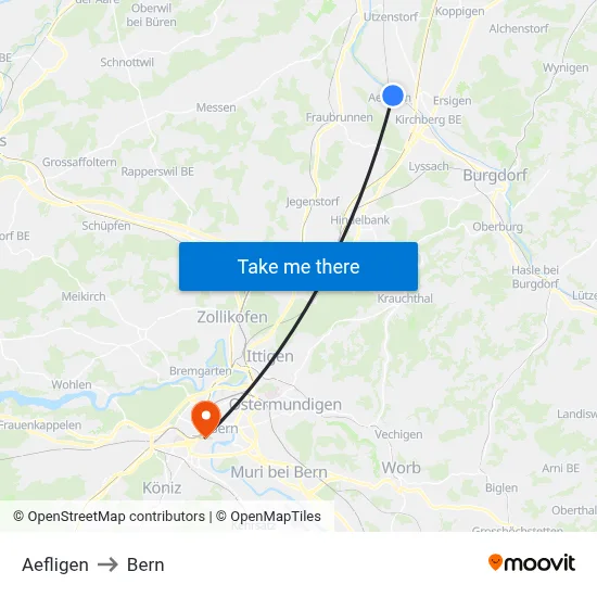 Aefligen to Bern map