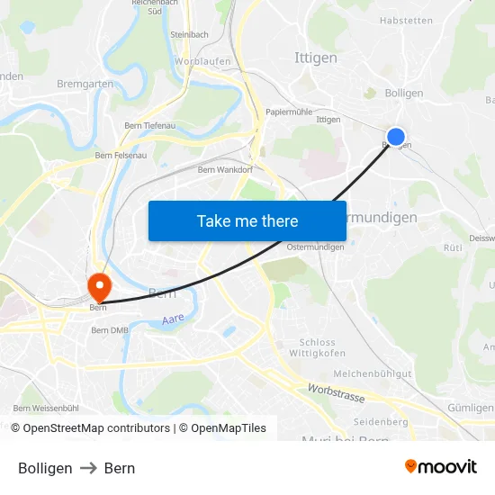 Bolligen to Bern map
