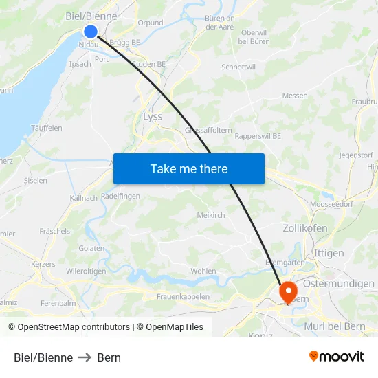Biel/Bienne to Bern map