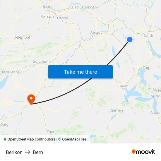 Berikon to Bern map