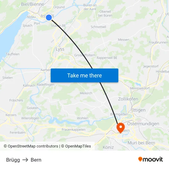 Brügg to Bern map