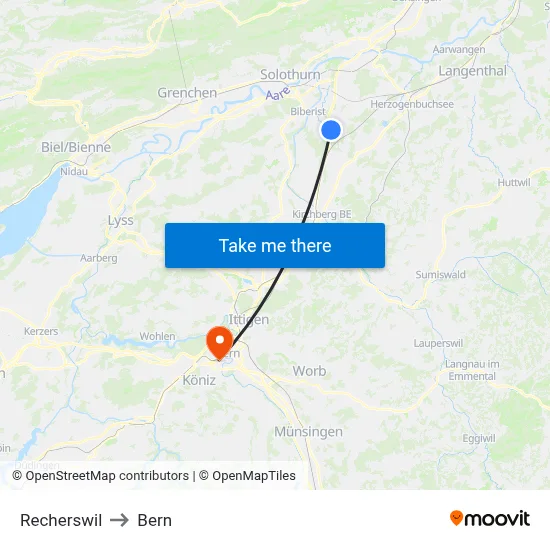 Recherswil to Bern map