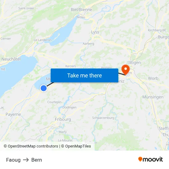 Faoug to Bern map