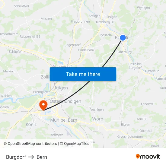 Burgdorf to Bern map