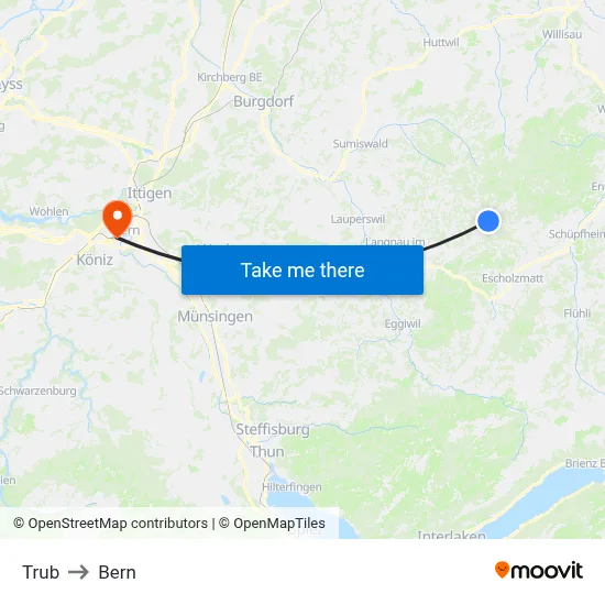 Trub to Bern map