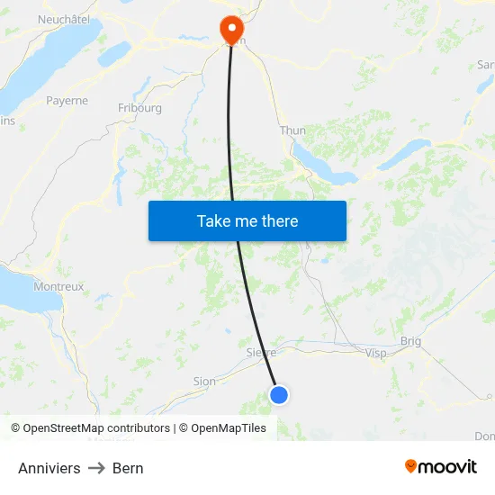 Anniviers to Bern map