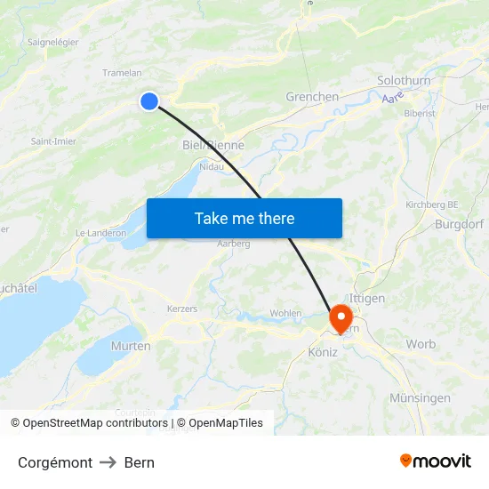 Corgémont to Bern map