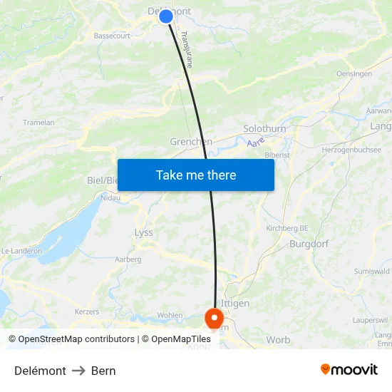 Delémont to Bern map