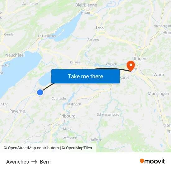 Avenches to Bern map