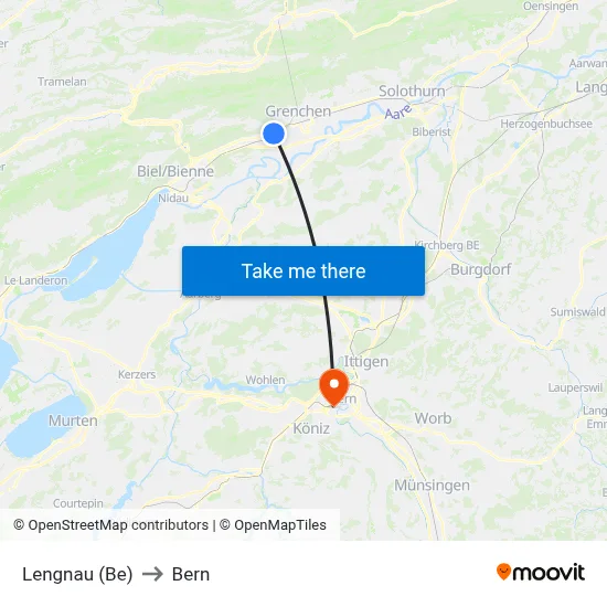 Lengnau (Be) to Bern map