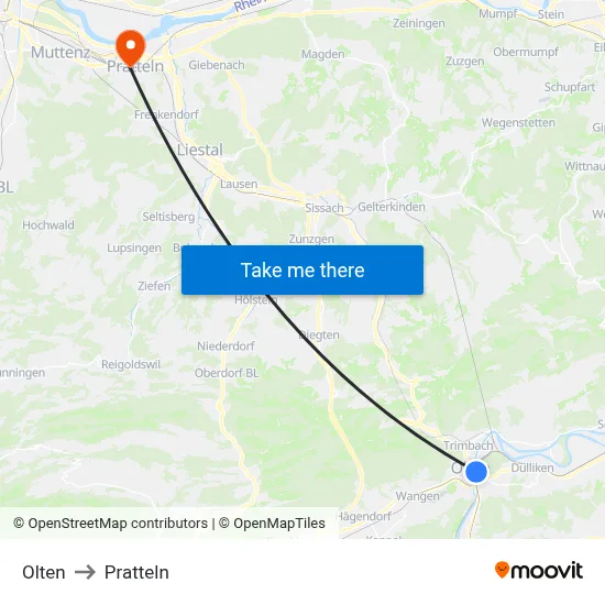 Olten to Pratteln map