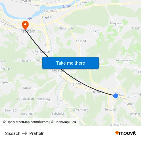 Sissach to Pratteln map