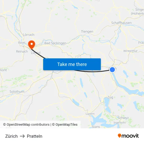 Zürich to Pratteln map