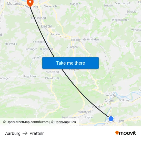 Aarburg to Pratteln map