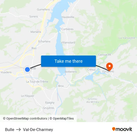Bulle to Val-De-Charmey map