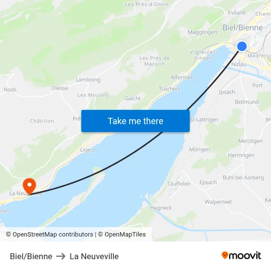 Biel/Bienne to La Neuveville map