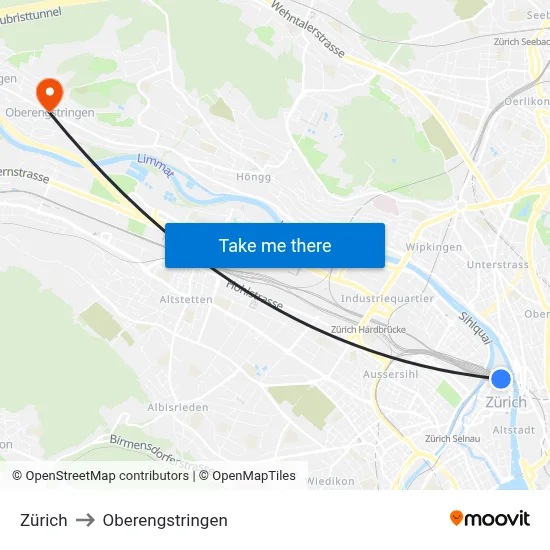 Zürich to Oberengstringen map