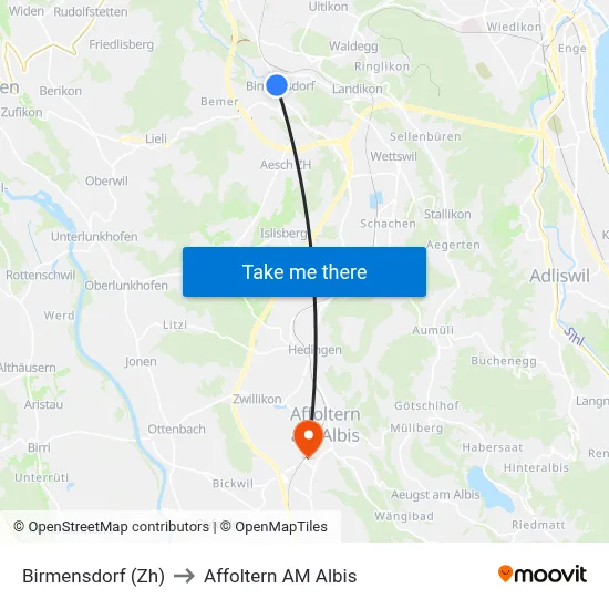 Birmensdorf (Zh) to Affoltern AM Albis map