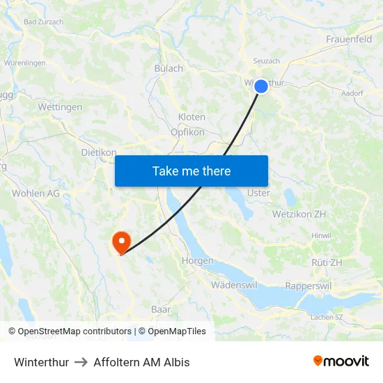 Winterthur to Affoltern AM Albis map
