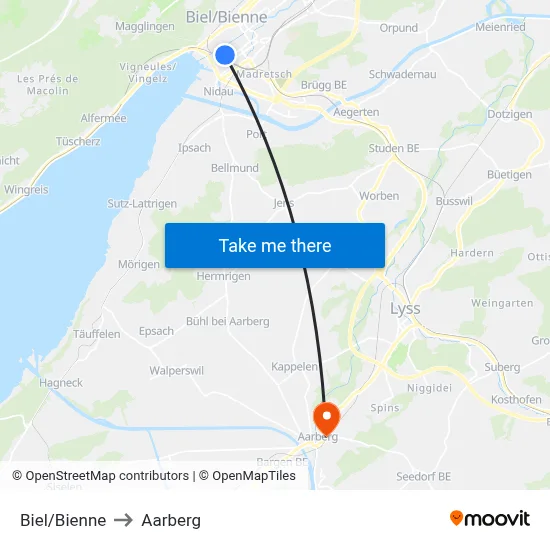Biel/Bienne to Aarberg map
