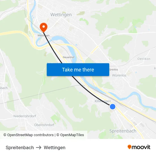 Spreitenbach to Wettingen map