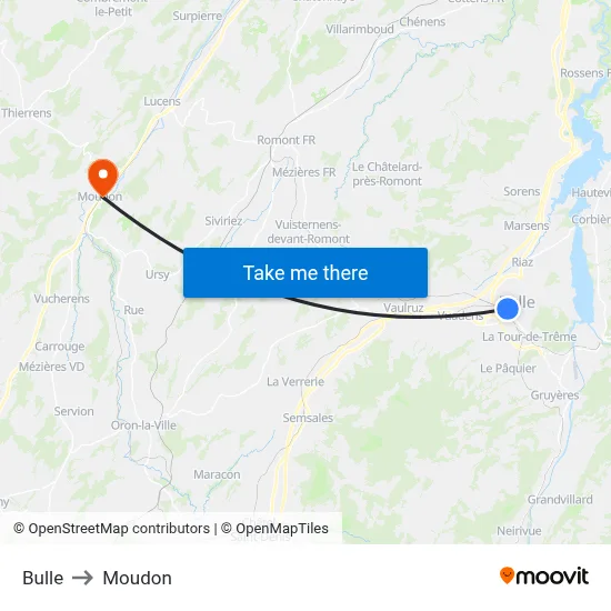 Bulle to Moudon map