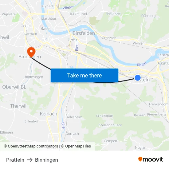 Pratteln to Binningen map