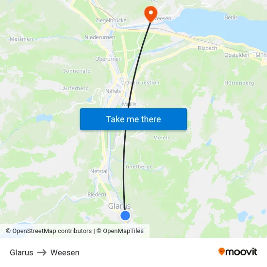 Glarus to Weesen map