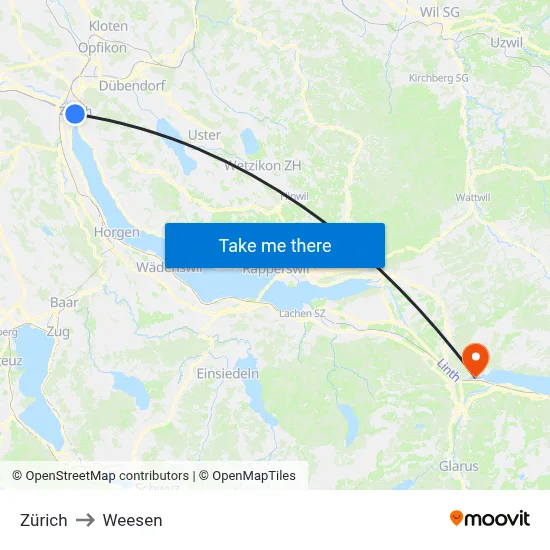 Zürich to Weesen map