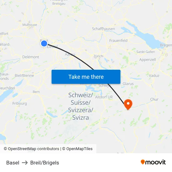 Basel to Breil/Brigels map